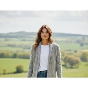 Eileen Fisher Cardigan Sweater Womens Medium Gray Button Pockets Cotton Blend